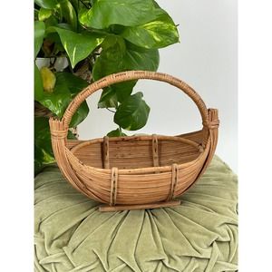 VINTAGE Boho Rattan Small Handled Boat Basket